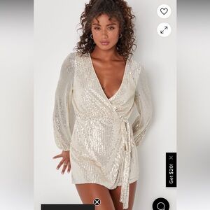 Lulu’s Glamorous Essence Beige Sequin Faux-Wrap Romper | NWT
